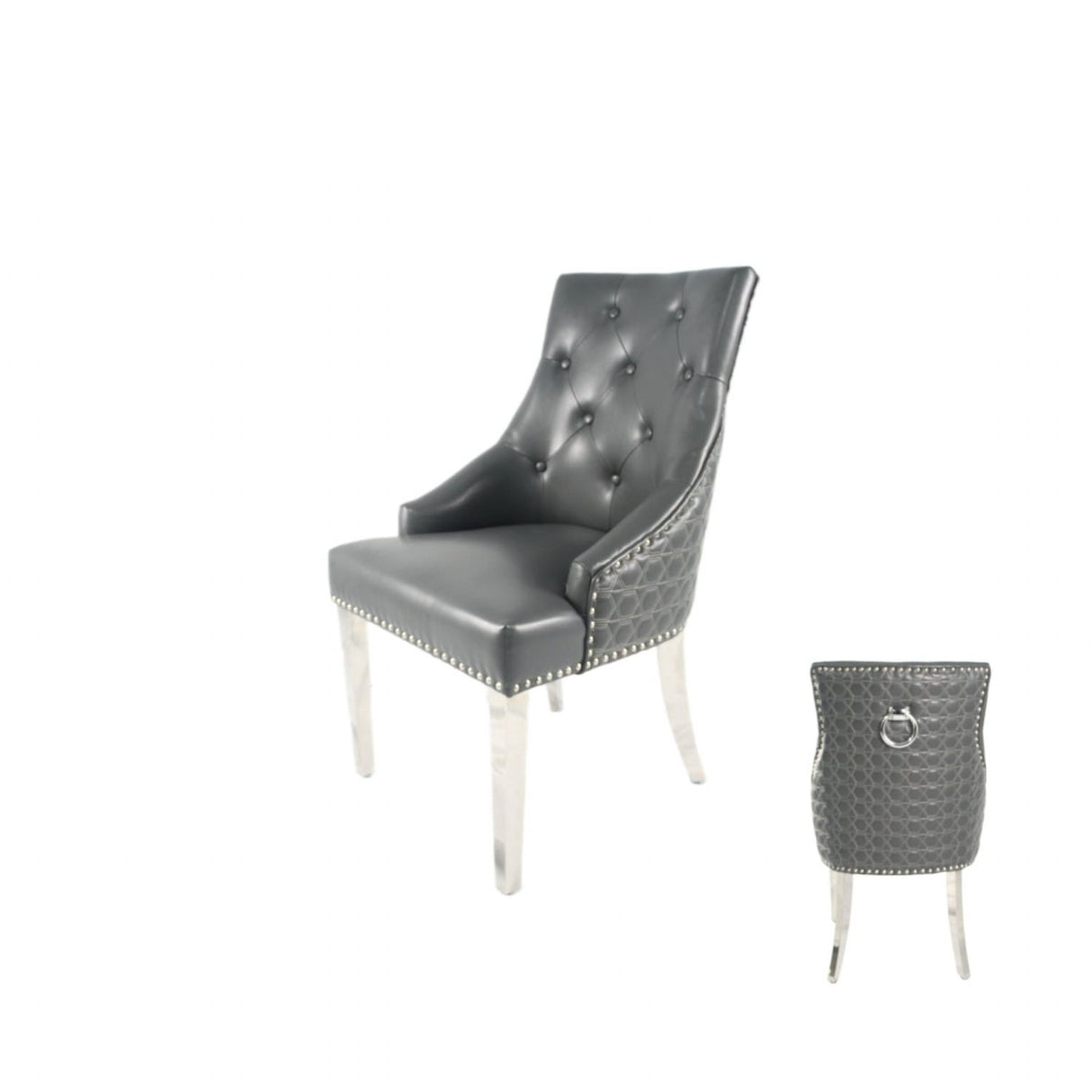Modern Dark Grey PU Dining Chair with Ring Knocker and Chrome Legs