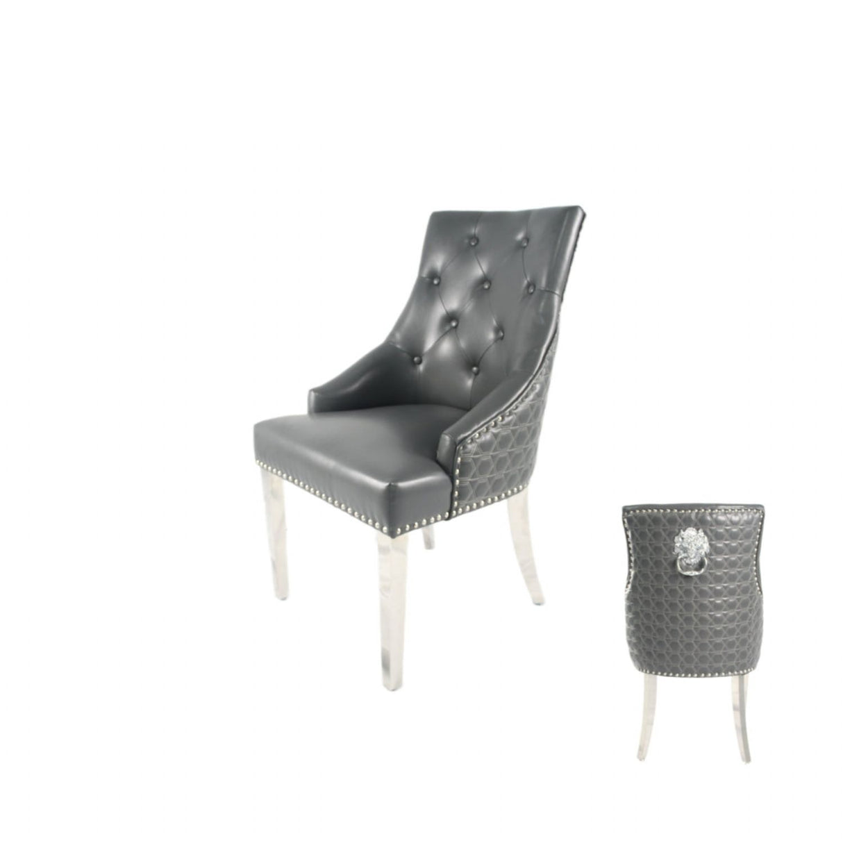 Modern Dark Grey PU Dining Chair with Lion Knocker and Chrome Legs