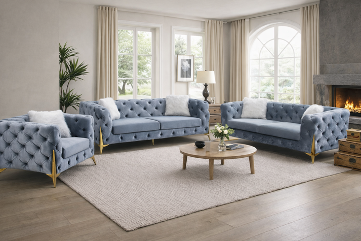 Modern Grey Fabric Chesterfield 3 Seater Sofa with Chrome Accent Legs