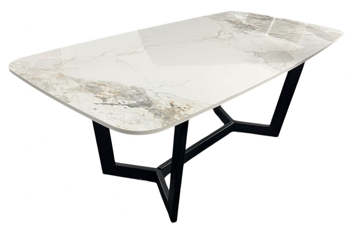 Luxury White Ceramic Coffee Table with Black Metal Geometric Base