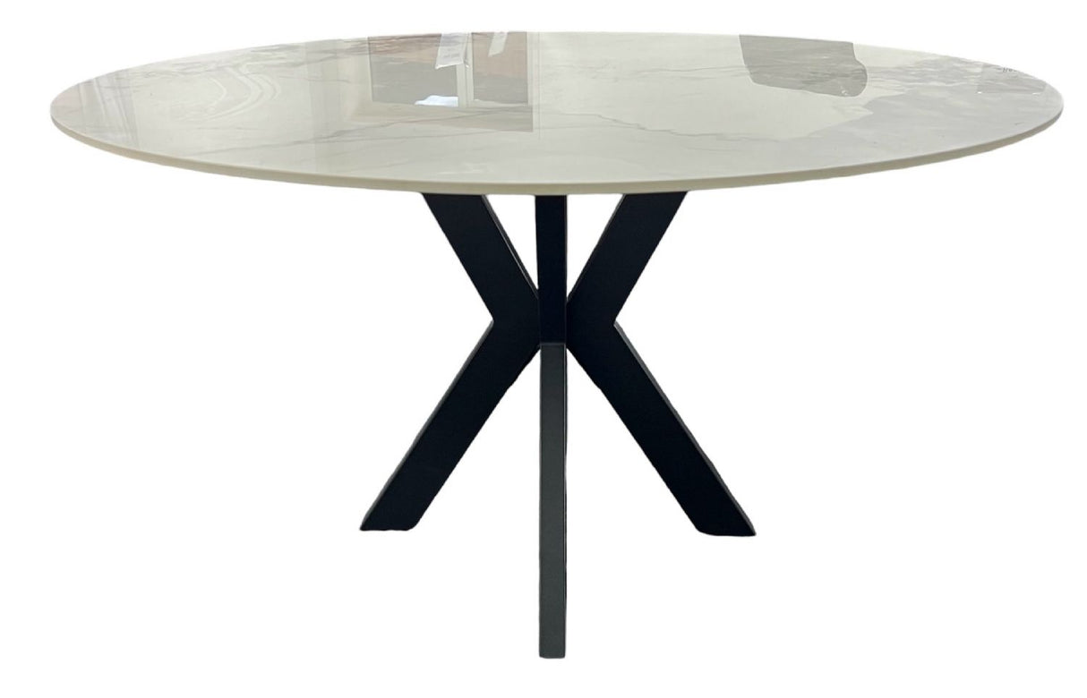 Luxury White Marble Effect Ceramic 1.3m Round Dining Table with Black Cross Pedestal Base