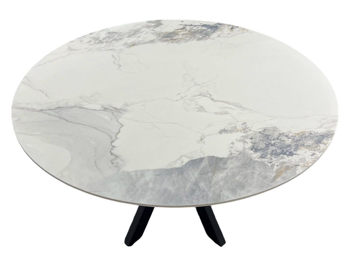 Luxury White Marble Effect Ceramic 1.3m Round Dining Table with Black Cross Pedestal Base