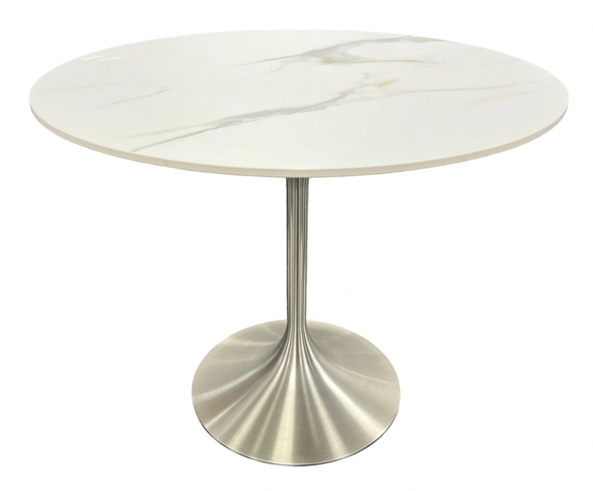 Luxury White Marble Effect Ceramic 0.9m Round Dining Table with Chrome Pedestal Base