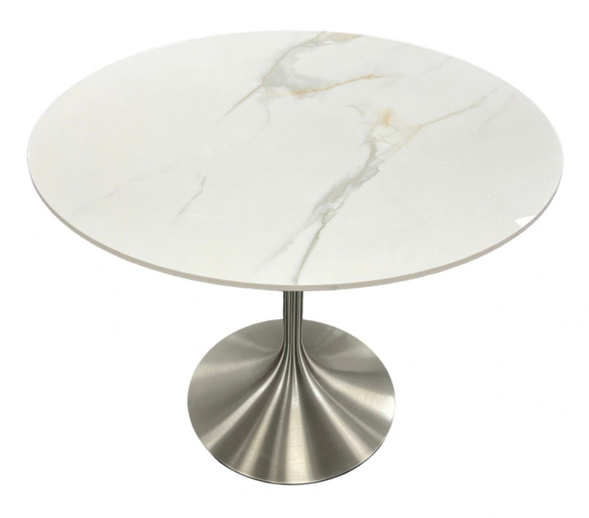 Luxury White Marble Effect Ceramic 0.9m Round Dining Table with Chrome Pedestal Base