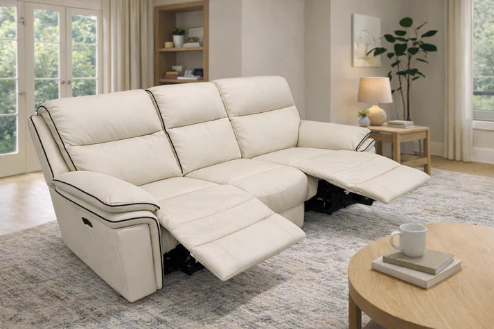 Modern Ivory Leather Fabric Upholstery 3 Seater Recliner Sofa