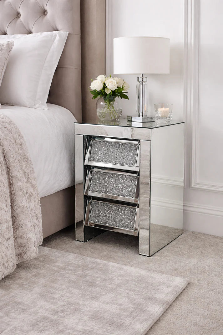 Mirrored Silver Crystal Effect 3 Drawer Bedside Cabinet