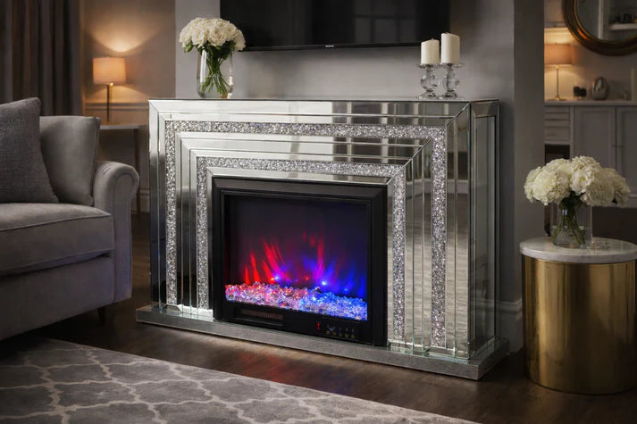 Silver Mirrored Fireplace Surround with Crystal and Colour Changing Electric Fire