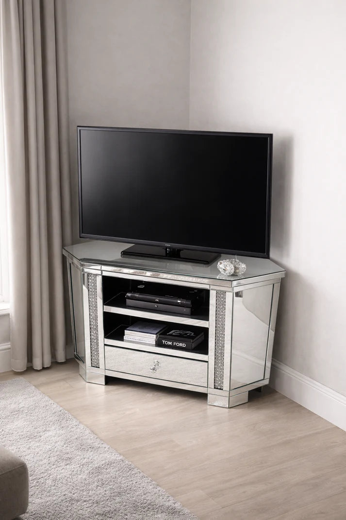 Mirrored Corner TV Unit with Crushed Crystal Side Panels and Storage Drawer