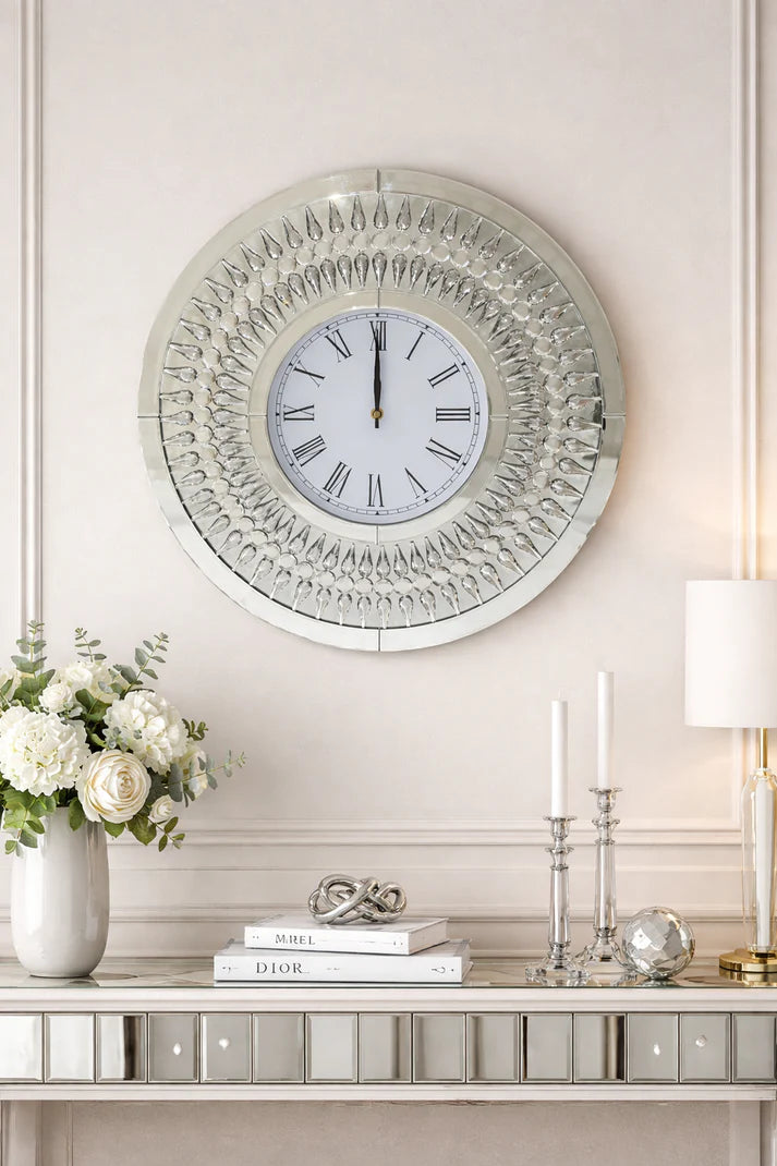 Luxury Round Mirrored Decorative Wall Clock with Teardrop Crystal Border