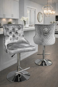 Modern Silver Grey Shimmer Velvet Bar Stool with Lion Knocker and Chrome Pedestal Base