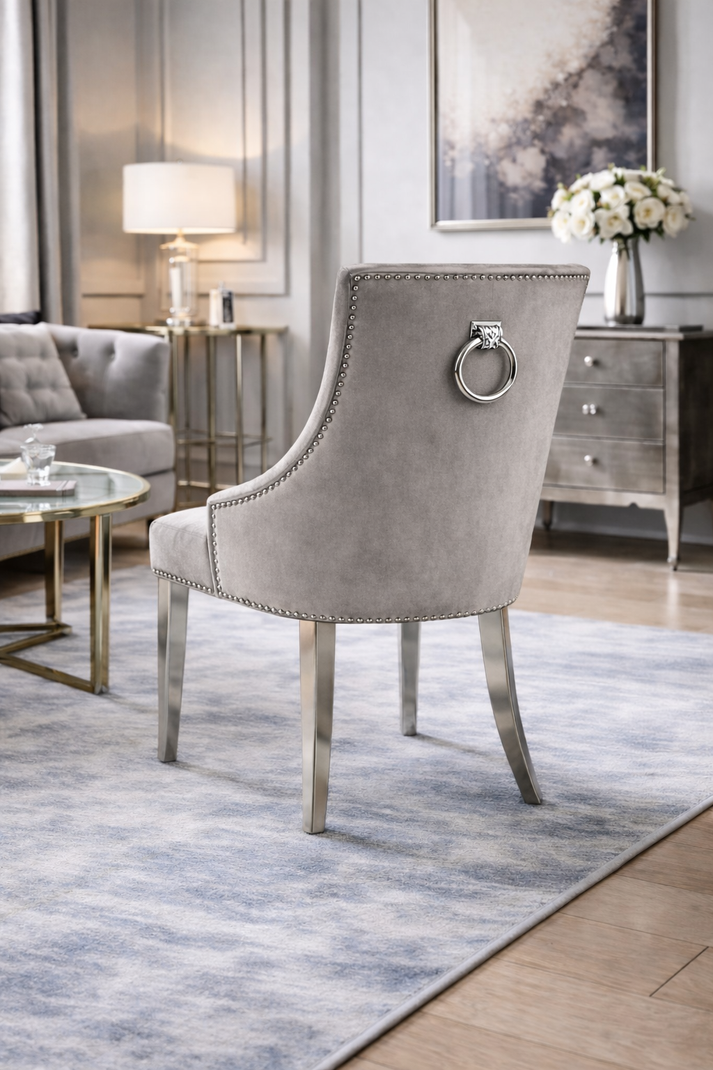 Modern Dark Grey Velvet Dining Chair with Ring Knocker and Chrome Legs