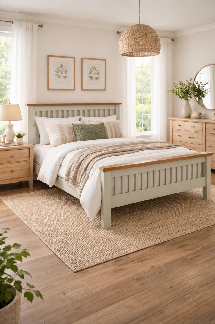 Stone Grey Painted Wooden 4ft6 Double Bed with Natural Oak Top Rails