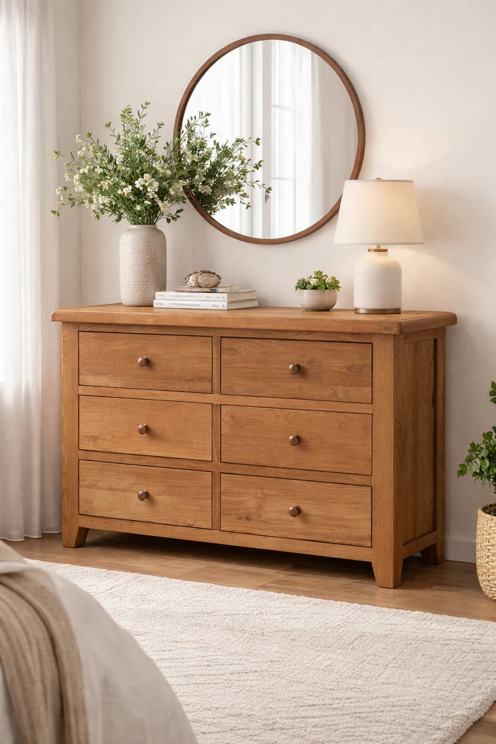 Natural Oak 6 Drawer Chest with Spacious Bedroom Storage