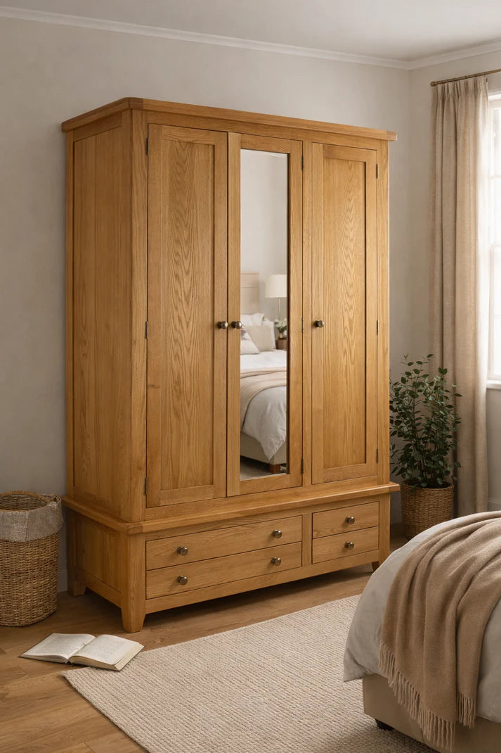 Natural Oak Large 3 Door Wardrobe with Mirror Door and 4 Storage Drawers