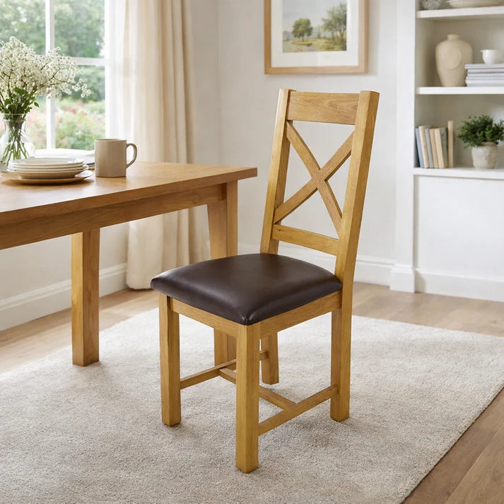 Natural Oak Cross Back Dining Chair with Dark Brown Padded Seat