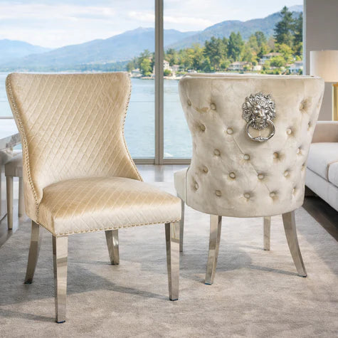 Luxury Mink Shimmer Velvet Dining Chair with Lion Knocker and Chrome Legs