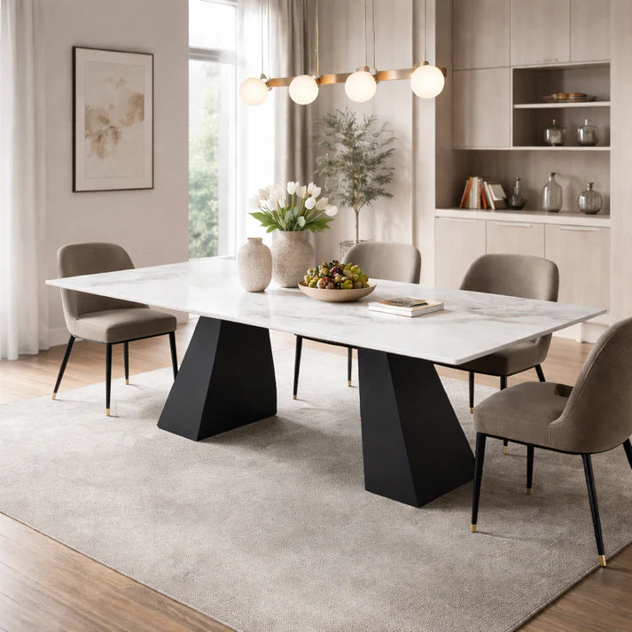 Modern White Marble Effect Ceramic 6 Seater Rectangular Dining Table with Black Angular Legs