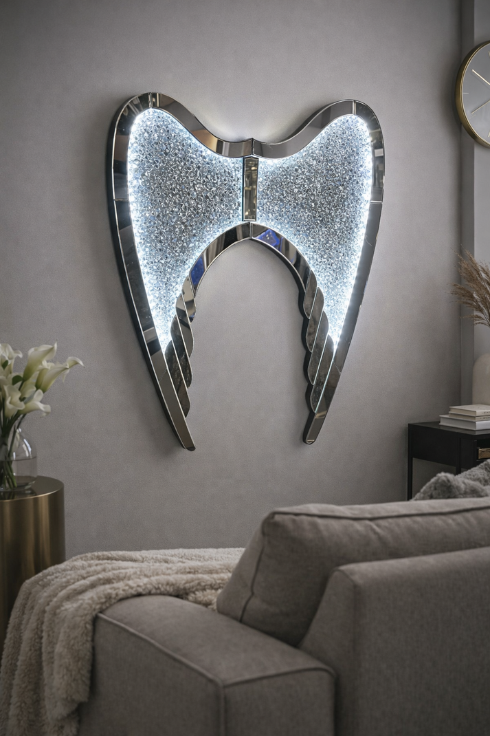 Silver Mirrored Angel Wings Wall Art with White or Colour LED Lighting