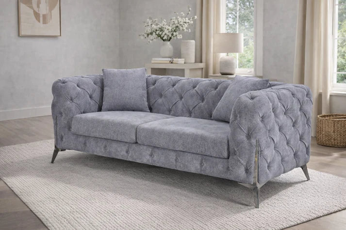 Modern Grey Fabric Chesterfield 2 Seater Sofa with Chrome Accent Legs
