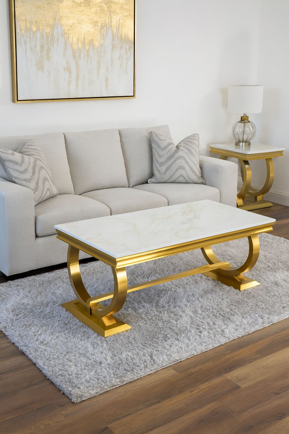 White Marble Effect Coffee Table with Gold Circular Pedestal Base