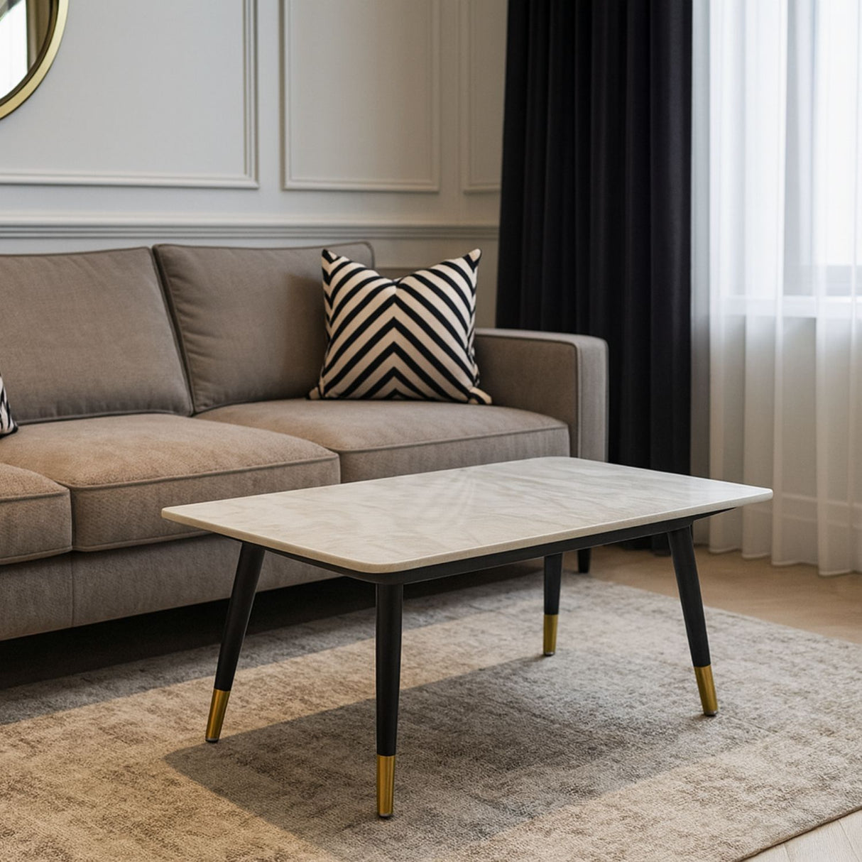 Modern Grey Ceramic Coffee Table with Black Legs and Gold Accents