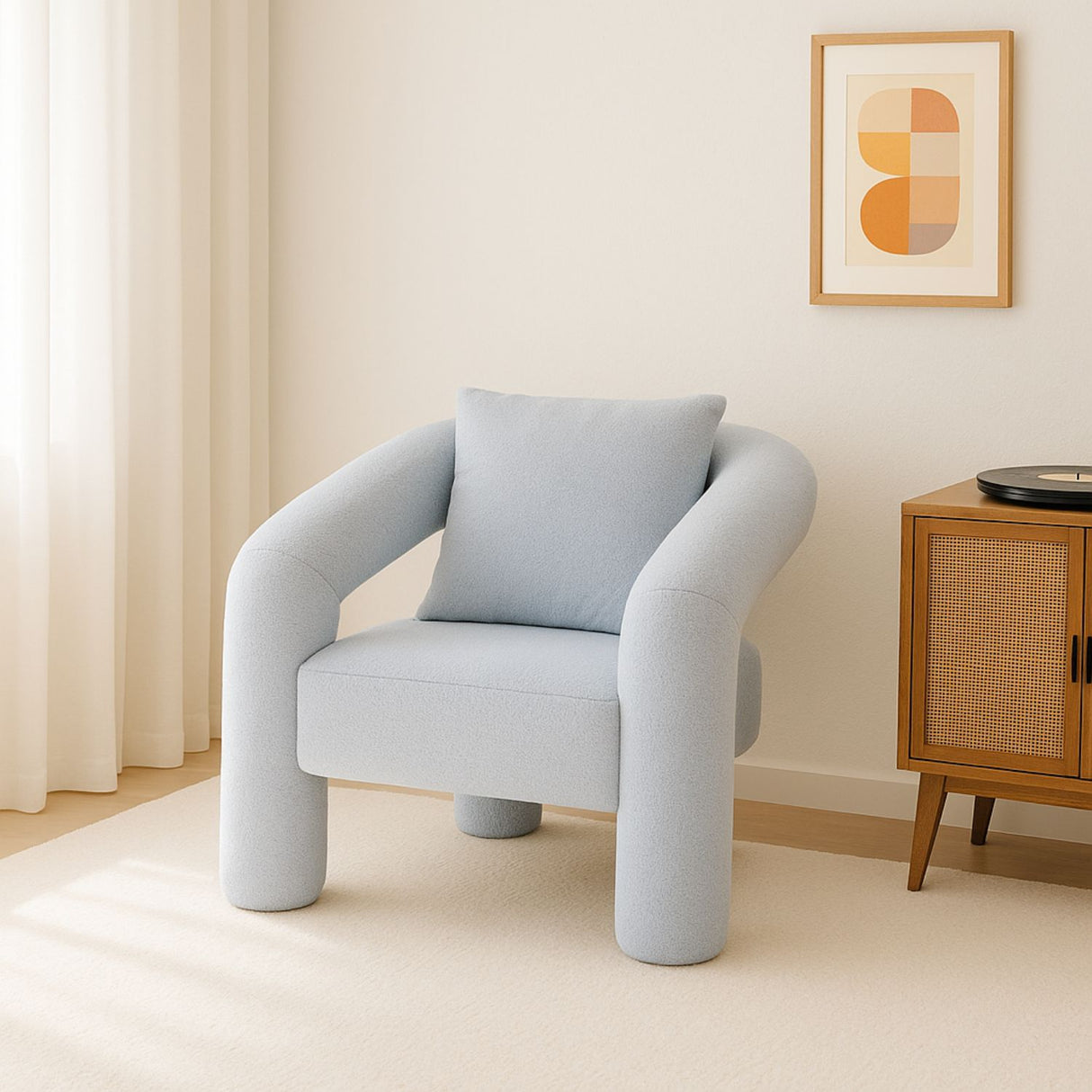 Light Grey Boucle Accent Chair with Curved Arms and Matching Cushion