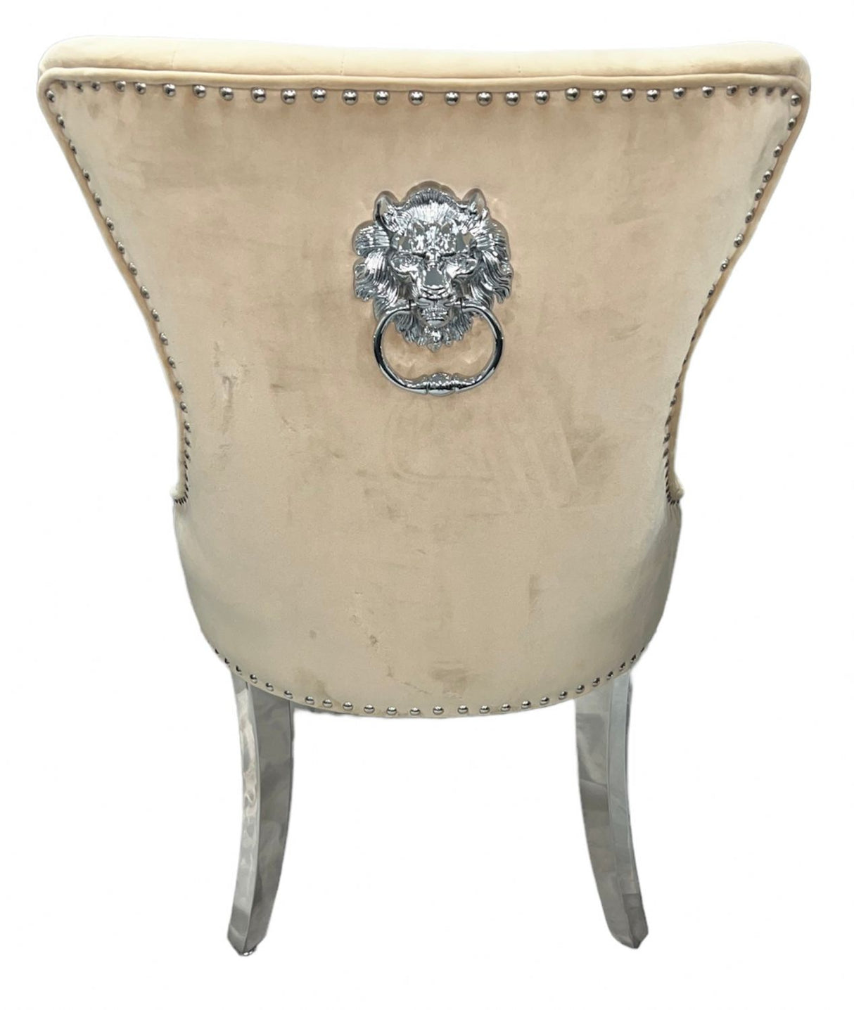 Luxury Cream Velvet Dining Chair with Lion Knocker and Chrome Legs
