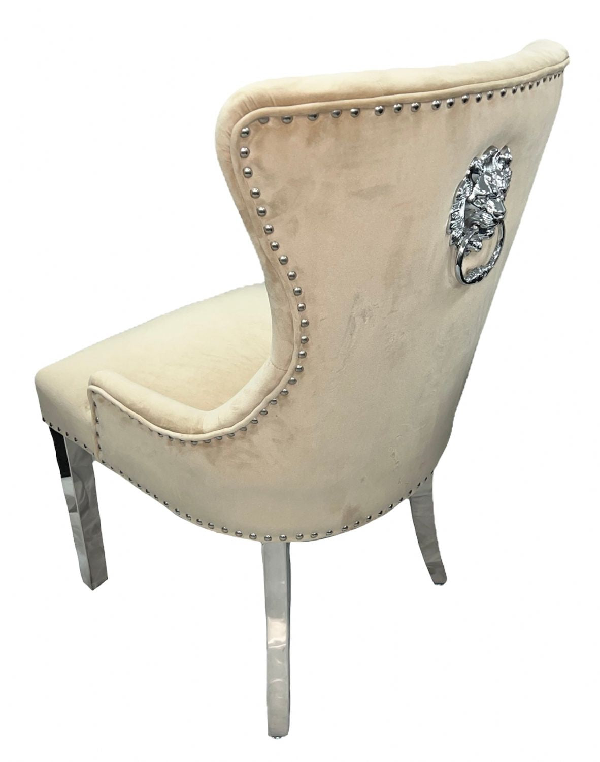 Luxury Cream Velvet Dining Chair with Lion Knocker and Chrome Legs