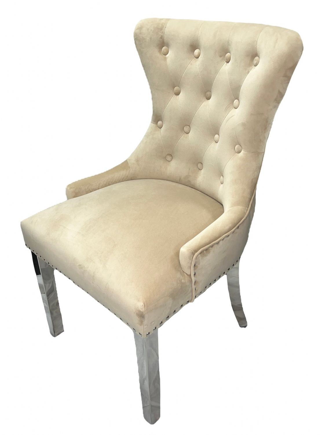 Luxury Cream Velvet Dining Chair with Ring Knocker and Chrome Legs