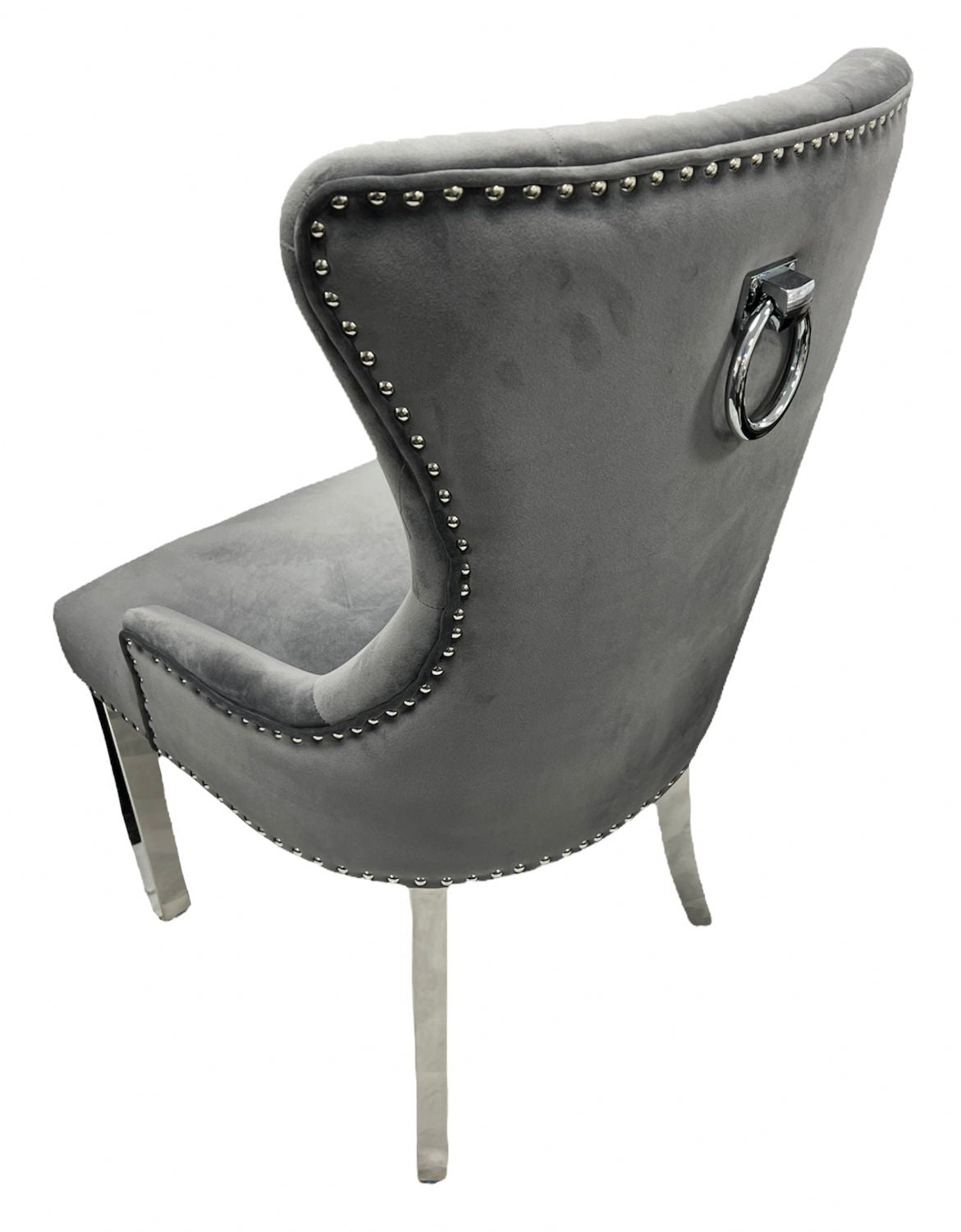 Luxury Dark Grey Velvet Dining Chair with Ring Knocker and Chrome Legs