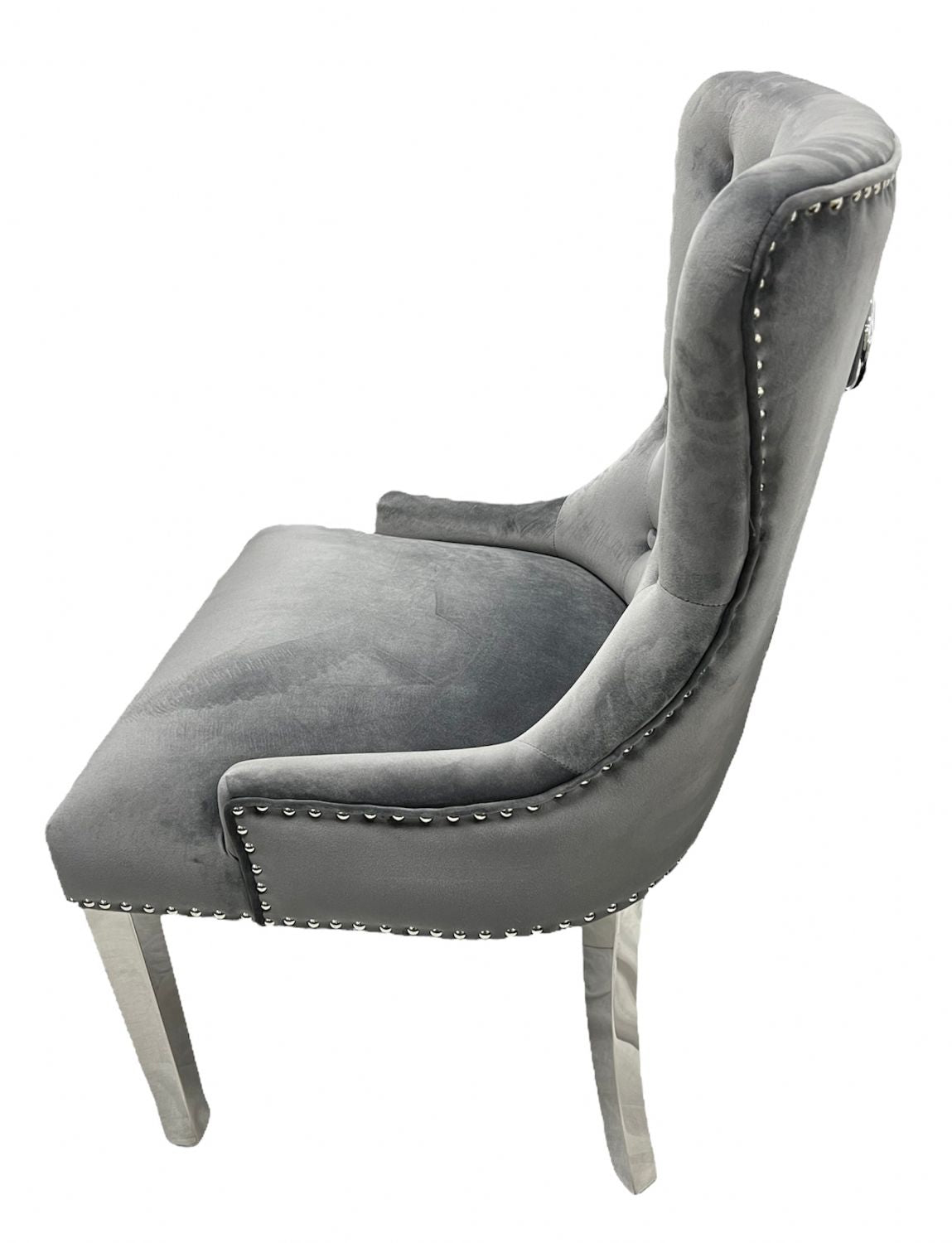Luxury Dark Grey Velvet Dining Chair with Ring Knocker and Chrome Legs