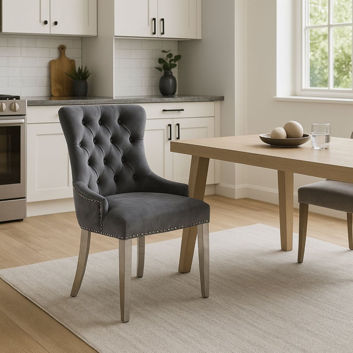 Luxury Dark Grey Velvet Dining Chair with Ring Knocker and Chrome Legs