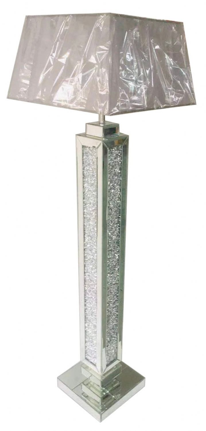 Mirrored Floor Lamp with Crushed Diamond Column and Grey Fabric Shade