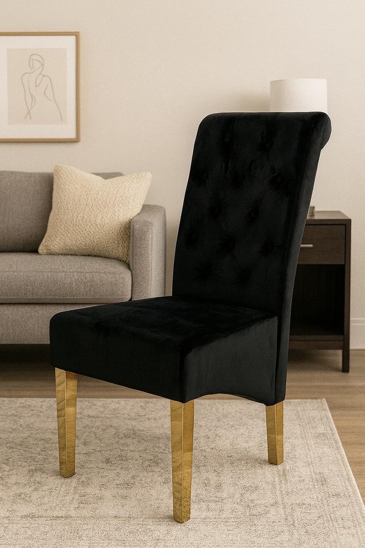 Luxury Black Velvet Dining Chair with Gold Ring Knocker and Gold Legs