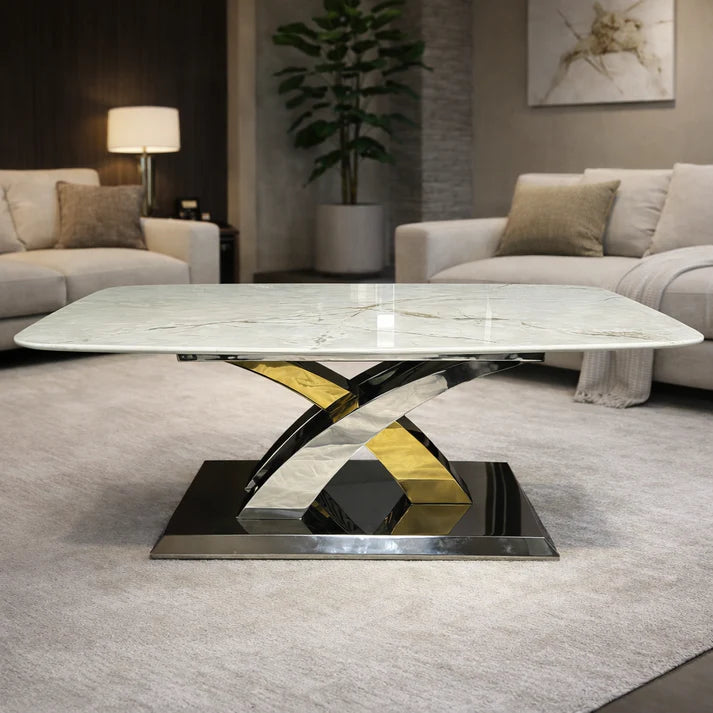 Luxury Cream Marble Effect Coffee Table with Silver and Gold Cross Base