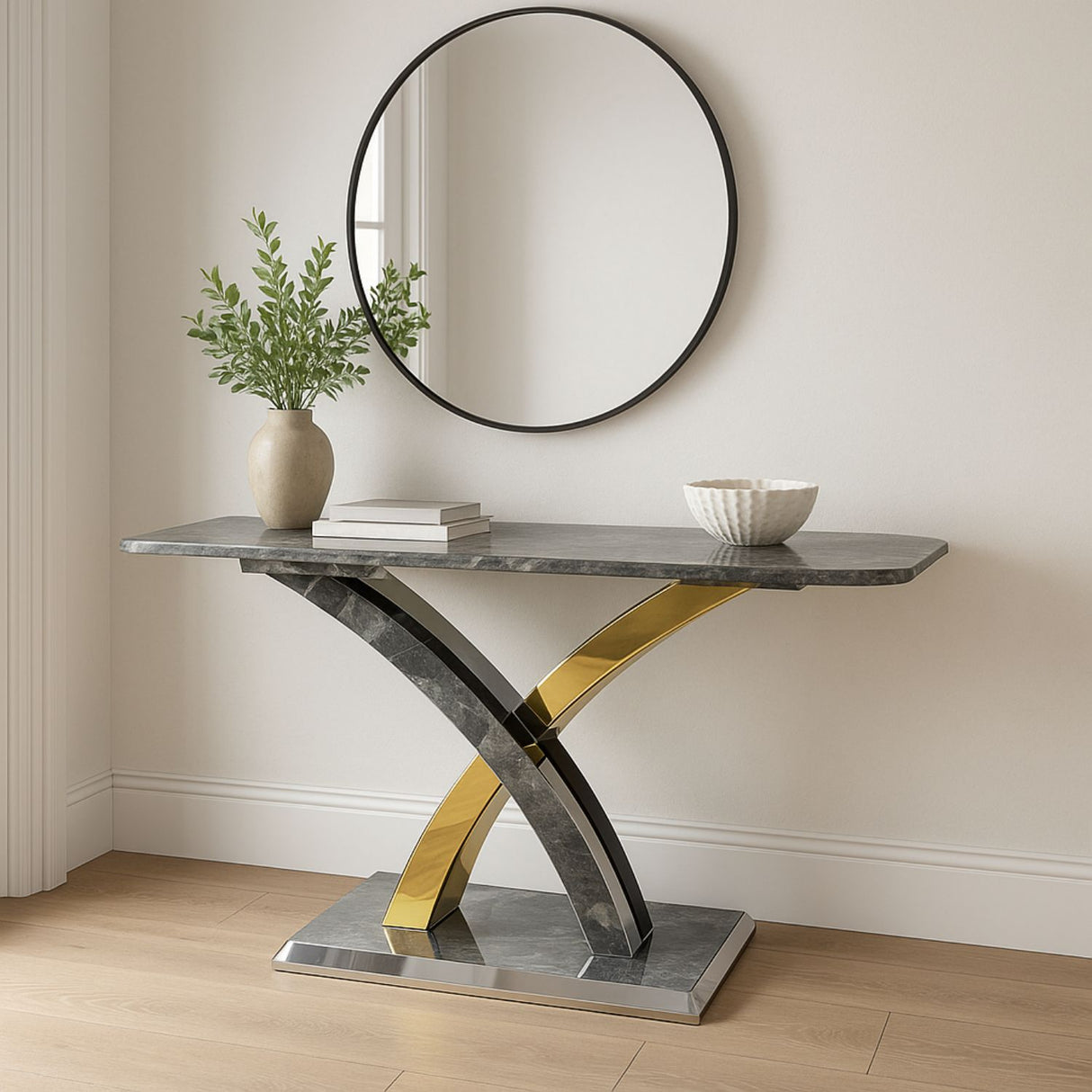 Luxury Grey Marble Effect Console Table with Silver and Gold Cross Pedestal Base