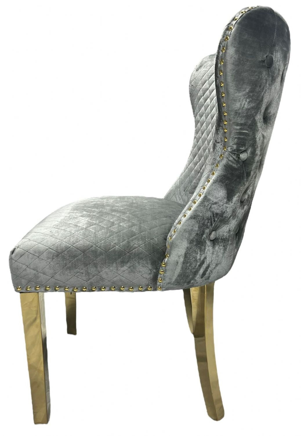 Luxury Light Grey Shimmer Velvet Dining Chair with Lion Knocker and Gold Legs