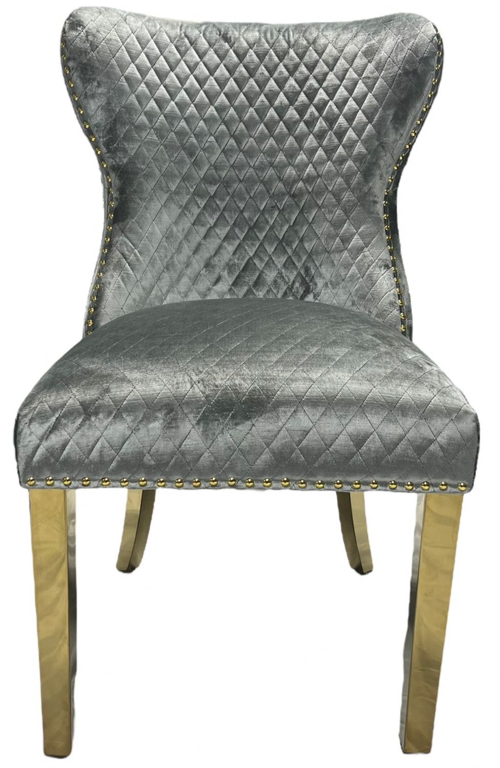 Luxury Light Grey Shimmer Velvet Dining Chair with Lion Knocker and Gold Legs