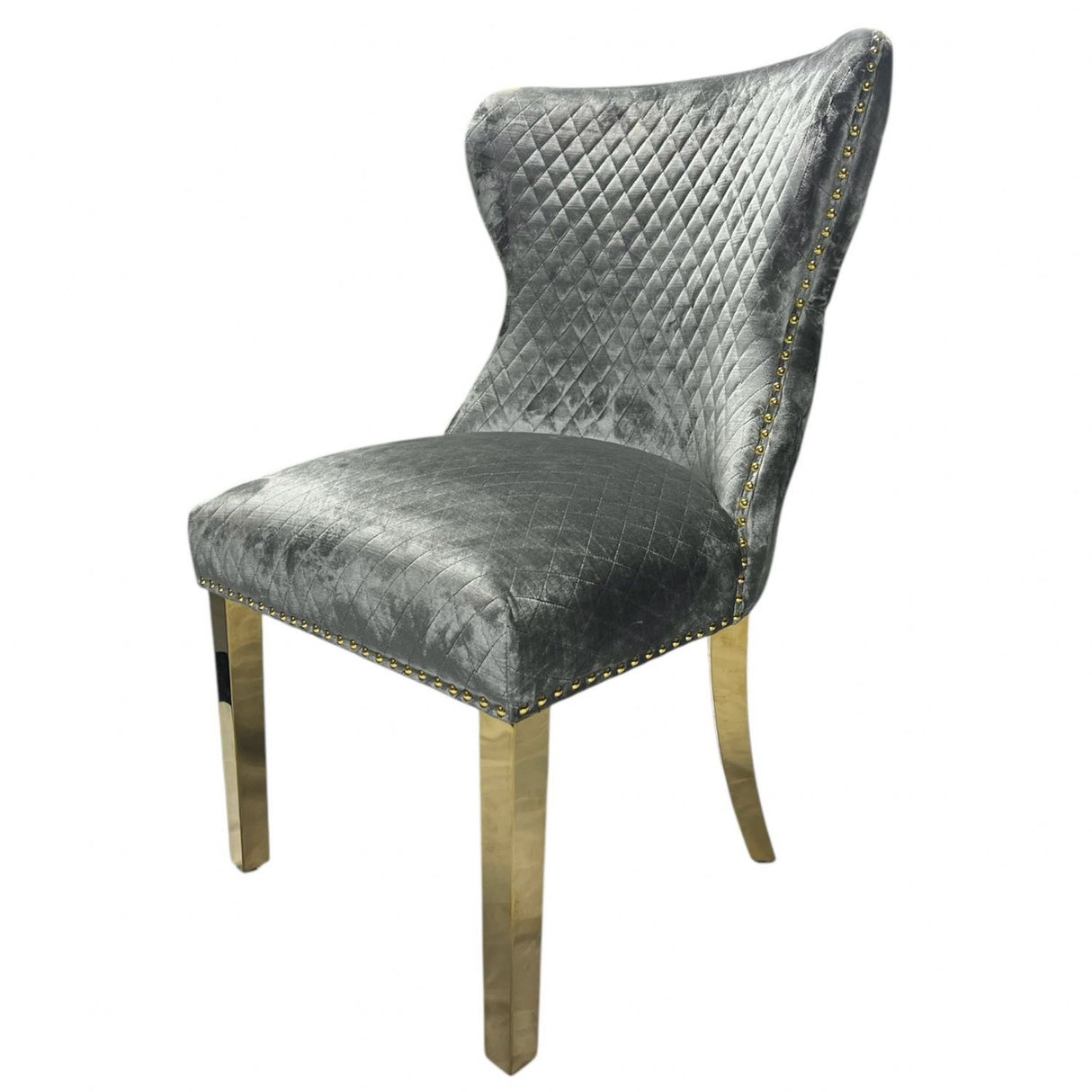Luxury Light Grey Shimmer Velvet Dining Chair with Lion Knocker and Gold Legs
