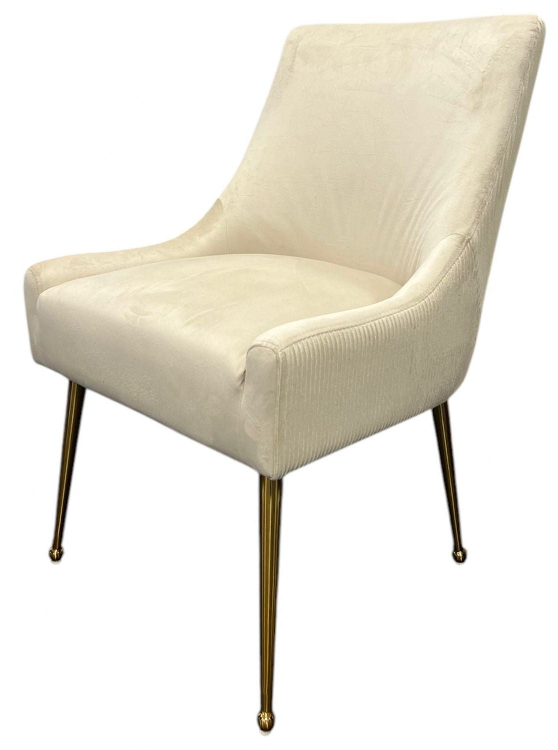 Modern Ivory Velvet Dining Chair with Ribbed Back and Gold Metal Legs