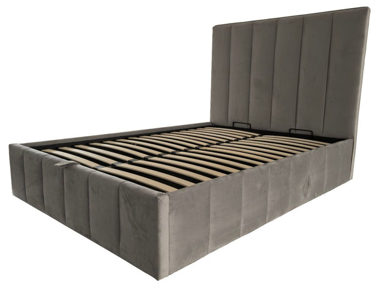 Modern Grey Velvet King Size Ottoman Storage Bed with Vertical Panel Headboard