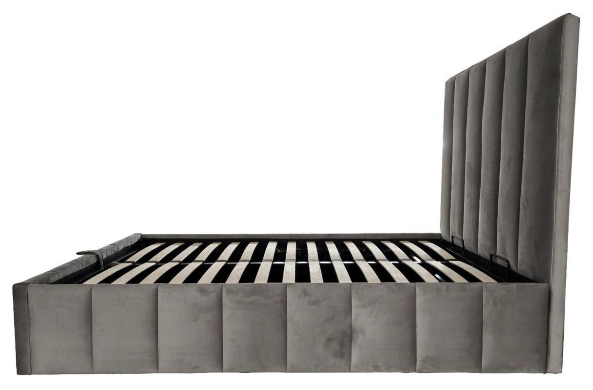 Modern Grey Velvet King Size Ottoman Storage Bed with Vertical Panel Headboard