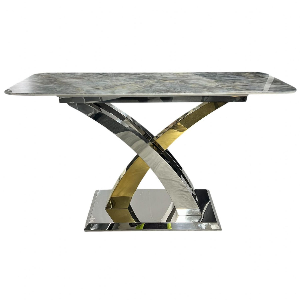 Luxury Grey Marble Effect Console Table with Silver and Gold Cross Pedestal Base