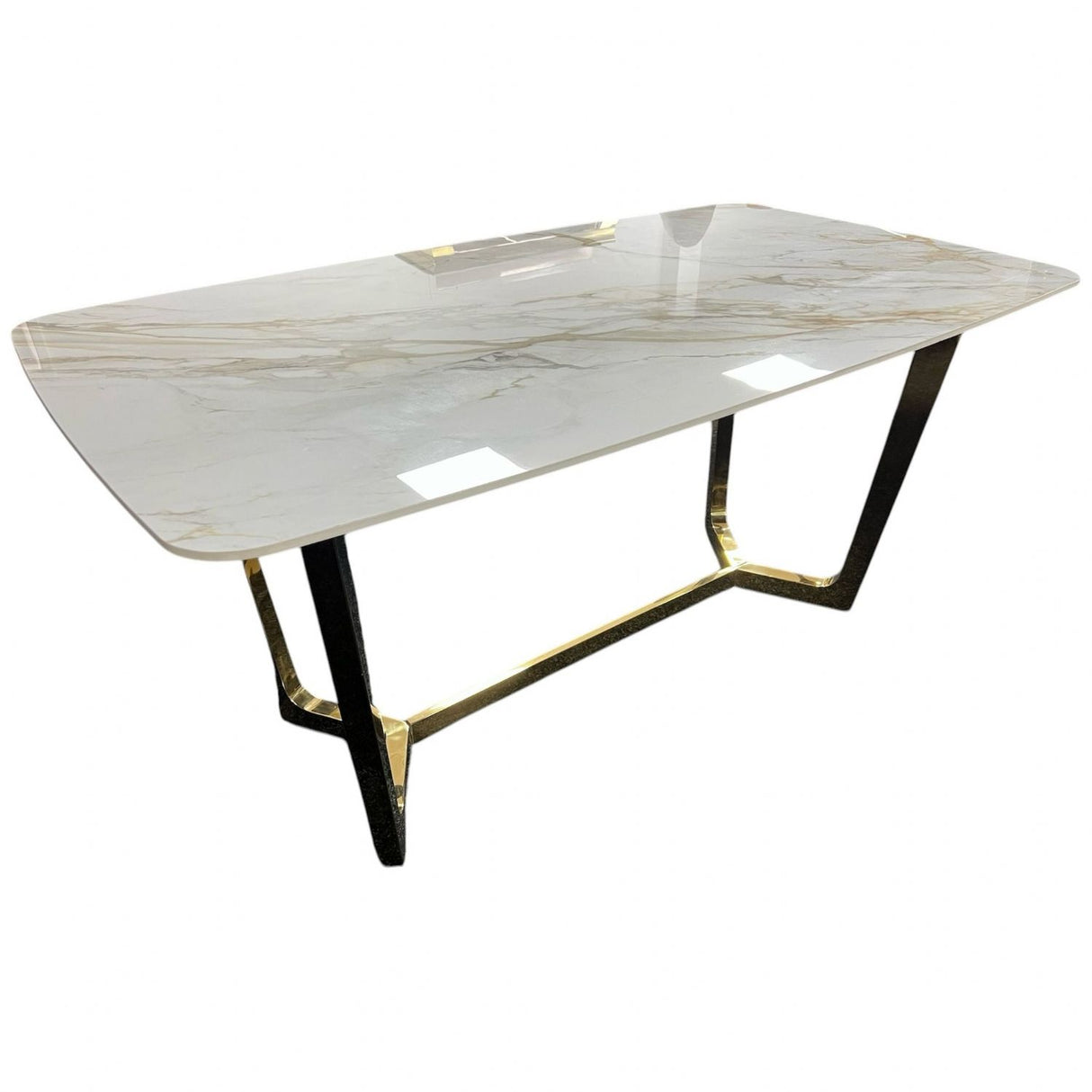 Luxury White Ceramic Top 1.8m Dining Table with Gold Geometric Metal Base
