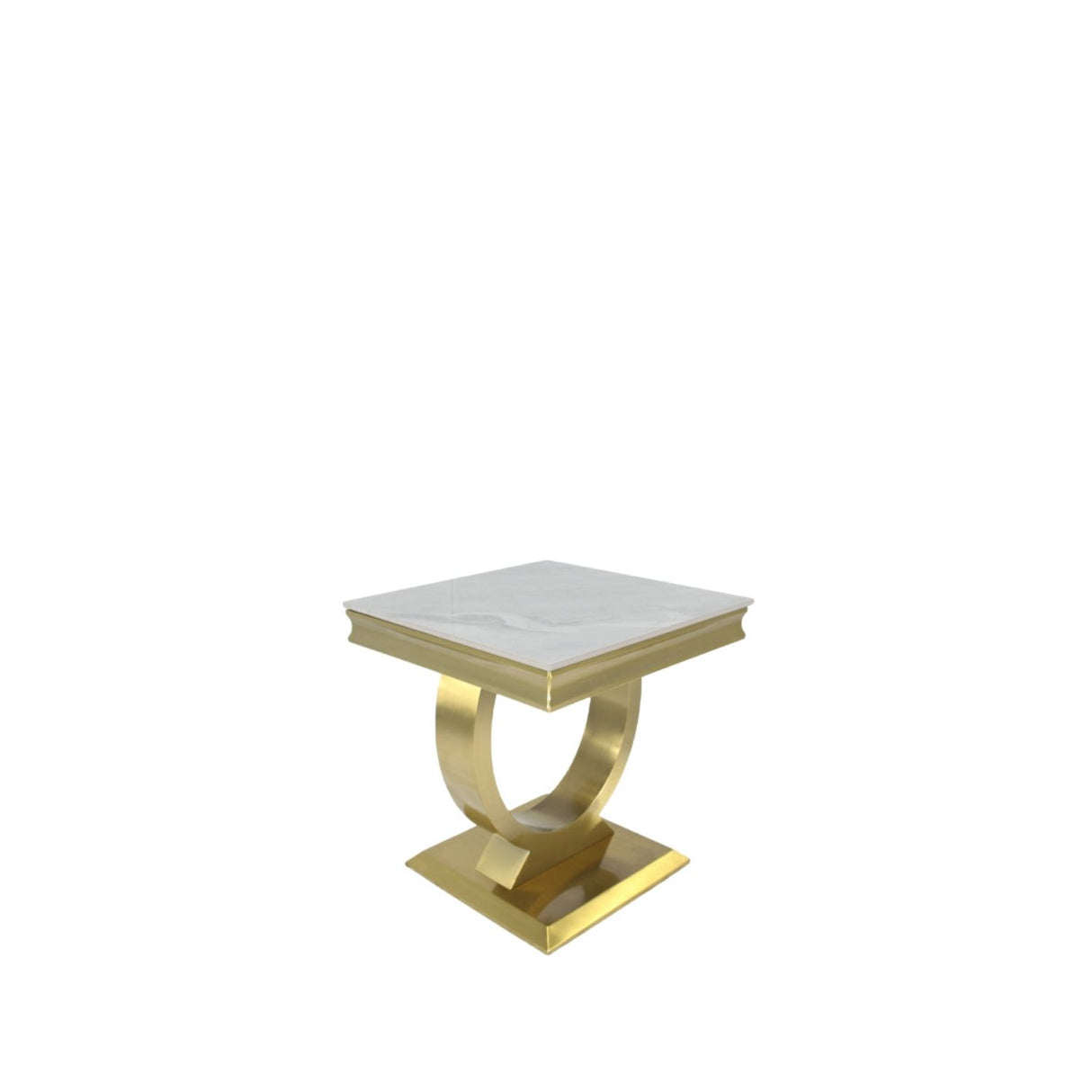 Luxury White Marble Effect Lamp Table with Brushed Gold Circular Pedestal Base