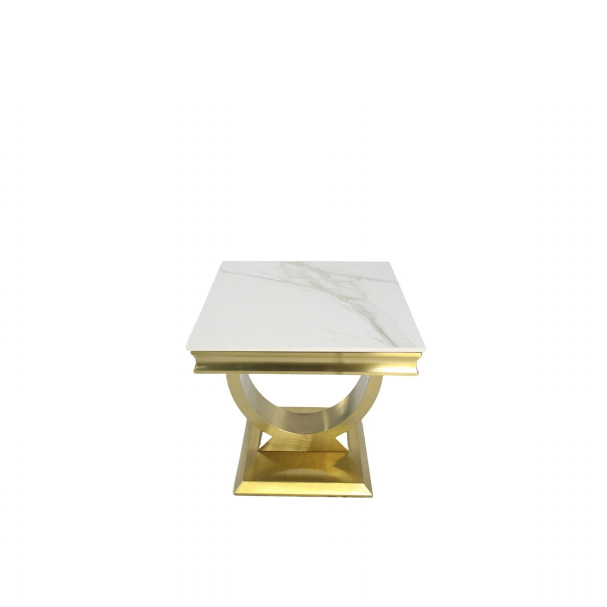 Luxury White Marble Effect Lamp Table with Brushed Gold Circular Pedestal Base