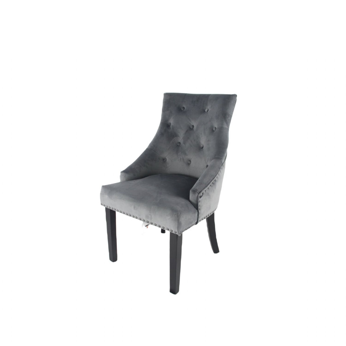 Modern Dark Grey Velvet Dining Chair with Black Ring Knocker and Black Legs