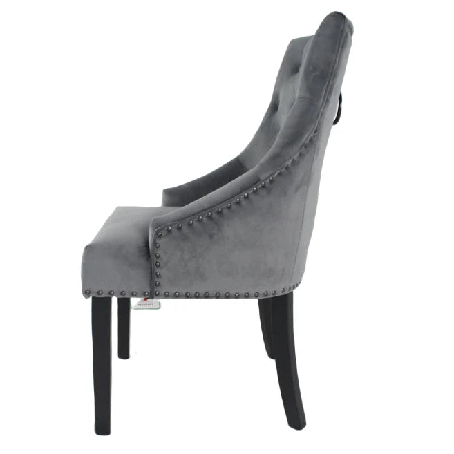 Modern Dark Grey Velvet Dining Chair with Black Ring Knocker and Black Legs