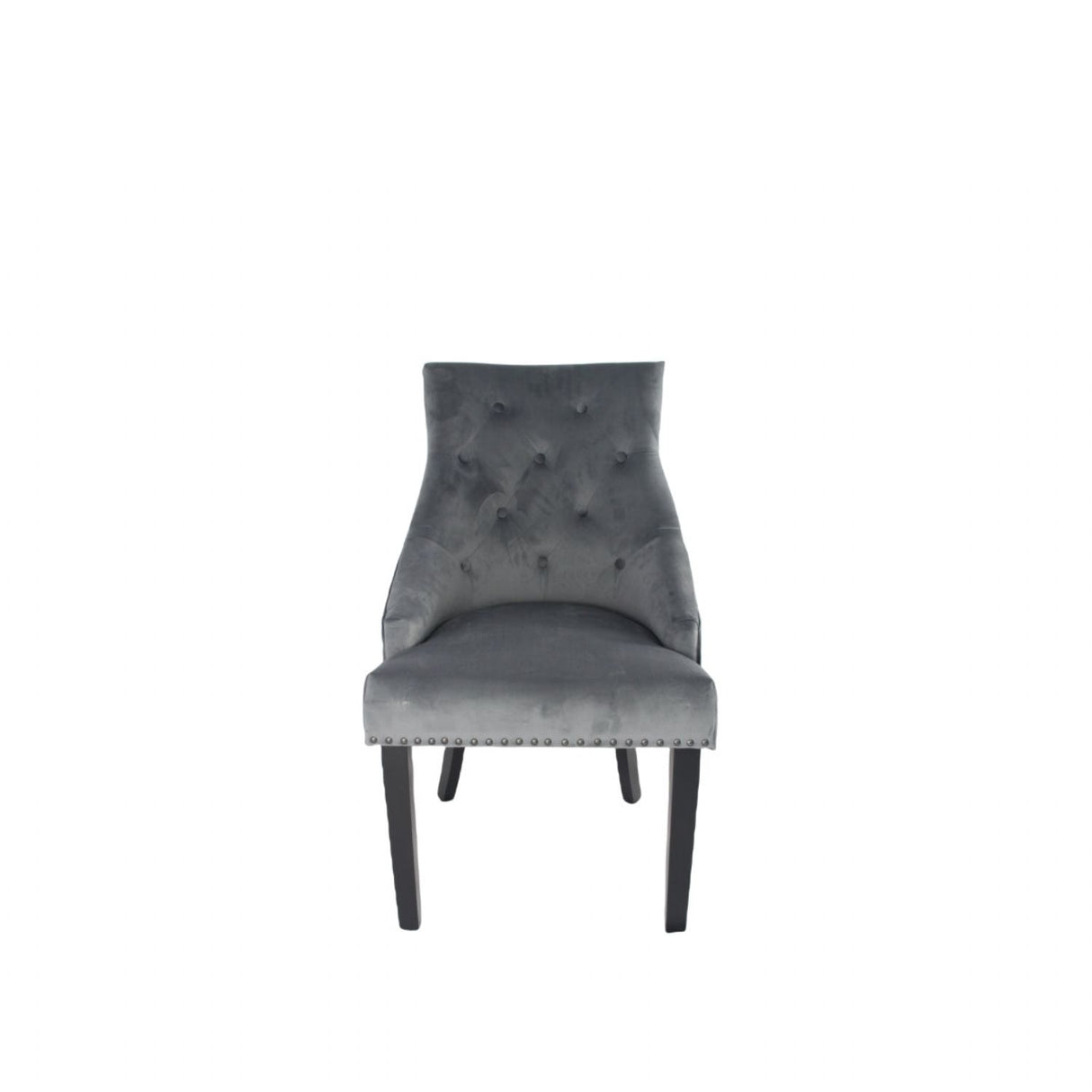 Modern Dark Grey Velvet Dining Chair with Black Ring Knocker and Black Legs