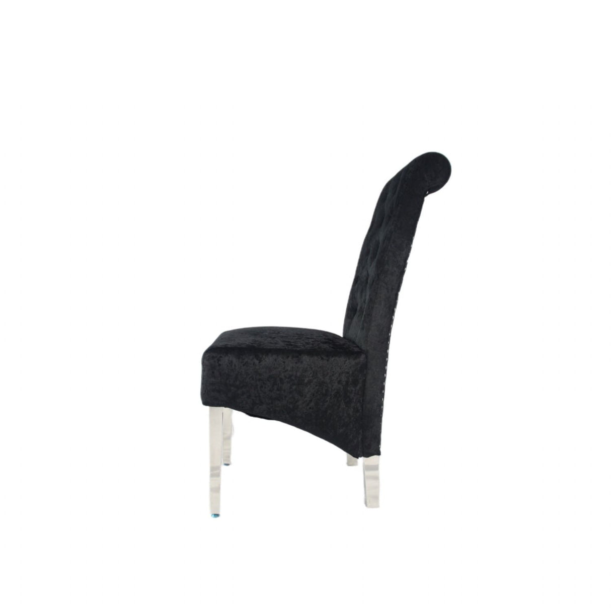 Luxury Crushed Black Velvet Dining Chair with Lion Knocker and Chrome Legs